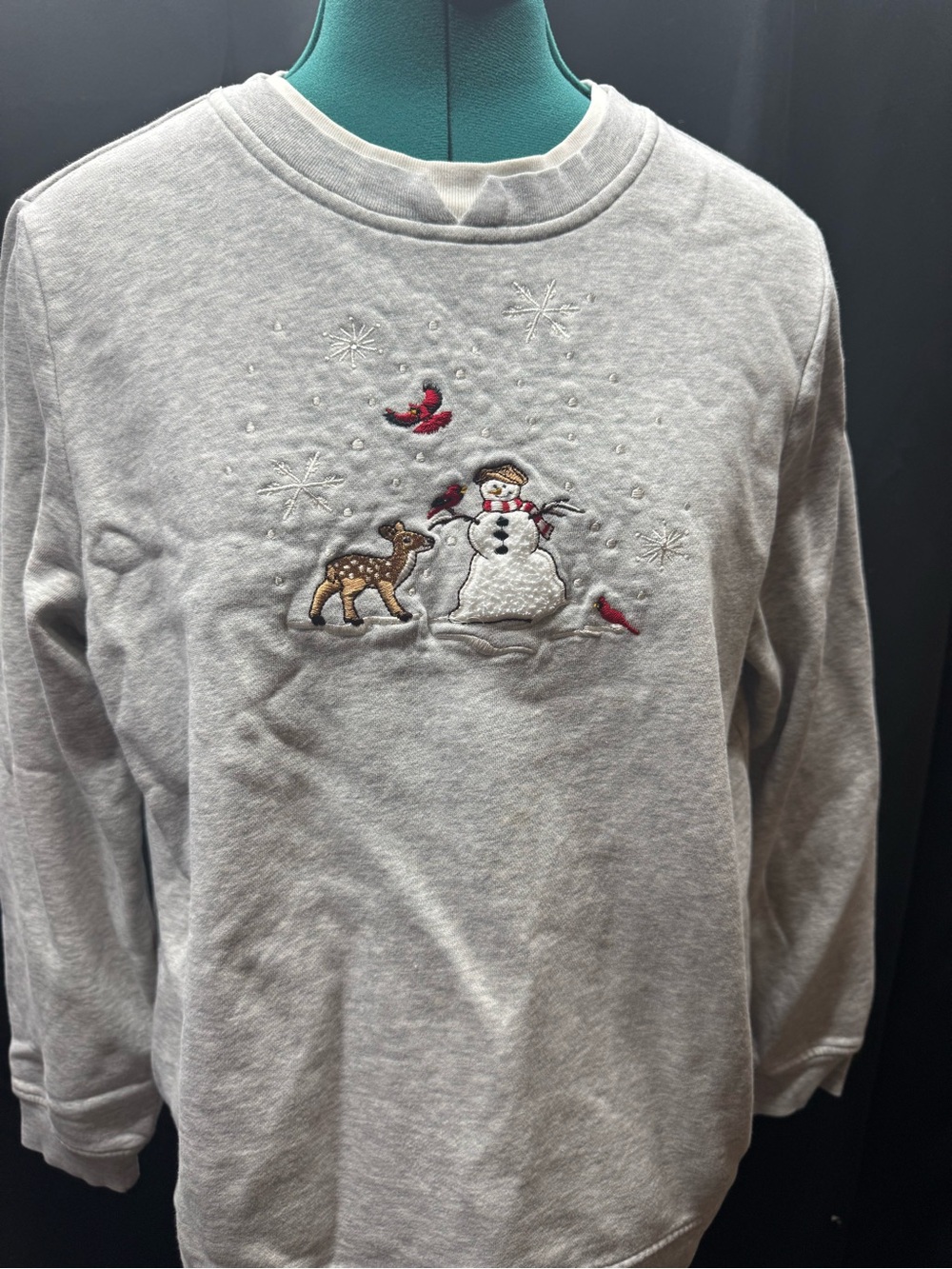 breckenridge Light Gray Crewneck Sweater with Snowman & Deer Embroidery